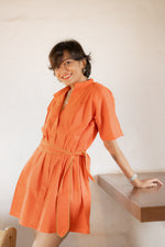 Shirt Tie-Up Belt Mini Dress-Orange Rust