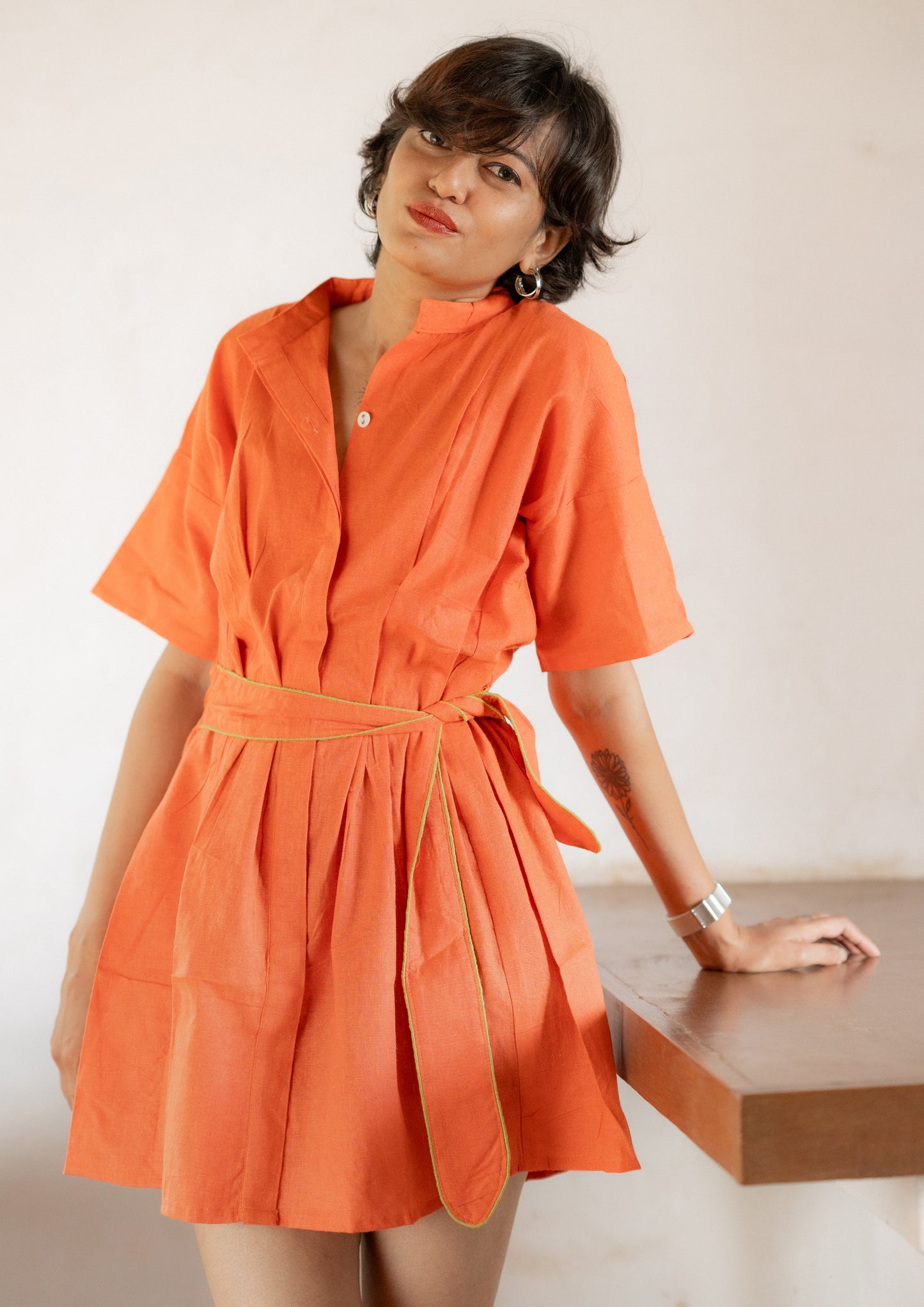 Shirt Tie-Up Belt Mini Dress-Orange Rust