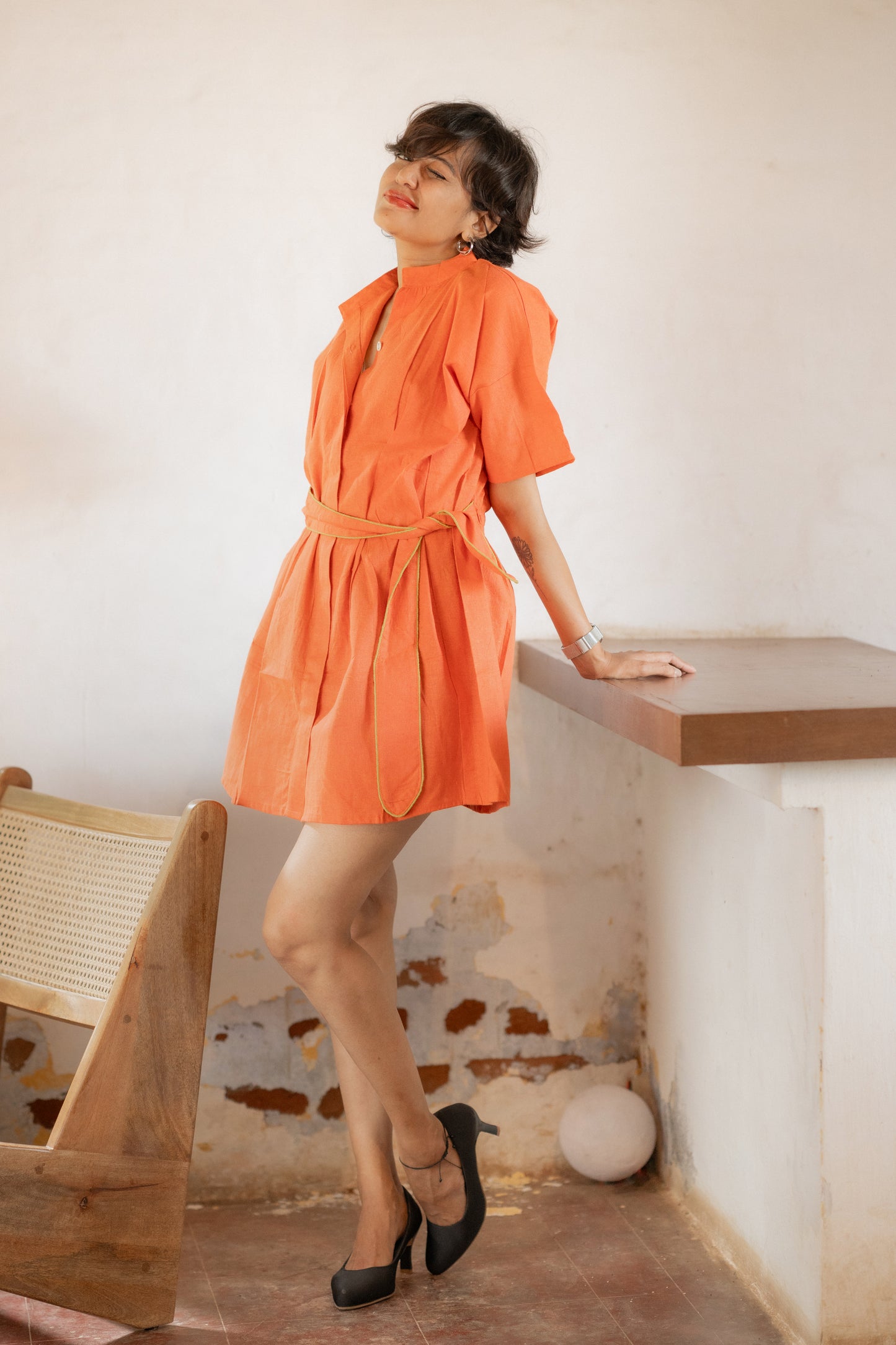 Shirt Tie-Up Belt Mini Dress-Orange Rust