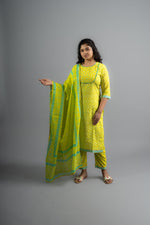 Neon Yellow Cotton Printed Kurta pants with Dupatta (Set of 3)