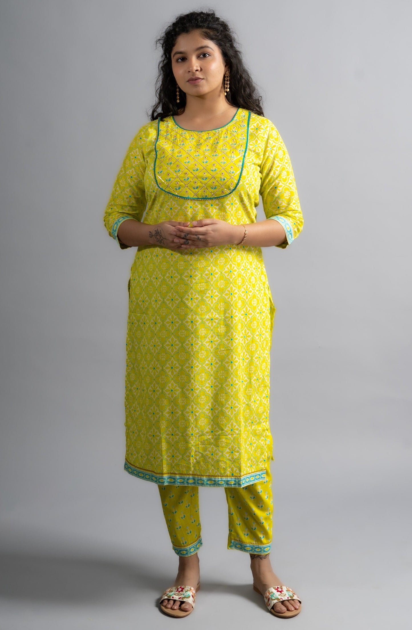 Neon Yellow Cotton Printed Kurta pants with Dupatta (Set of 3)