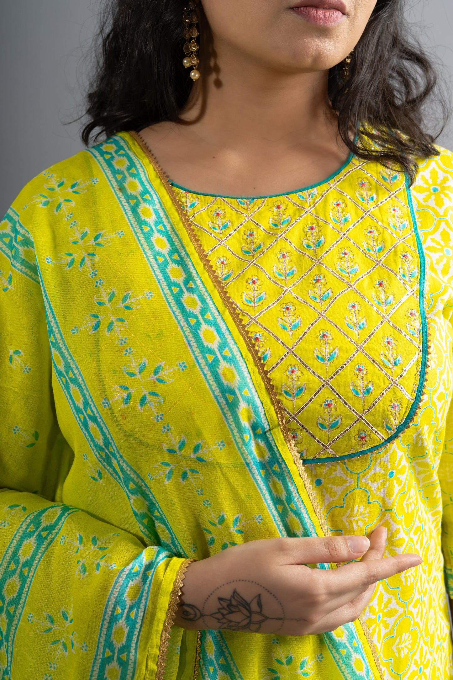 Neon Yellow Cotton Printed Kurta pants with Dupatta (Set of 3)