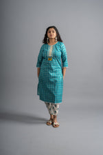 Turquoise  Blue Cotton Printed Kurta pants with Dupatta (Set of 3)