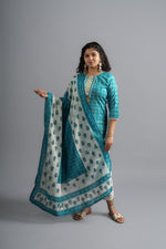 Turquoise  Blue Cotton Printed Kurta pants with Dupatta (Set of 3)