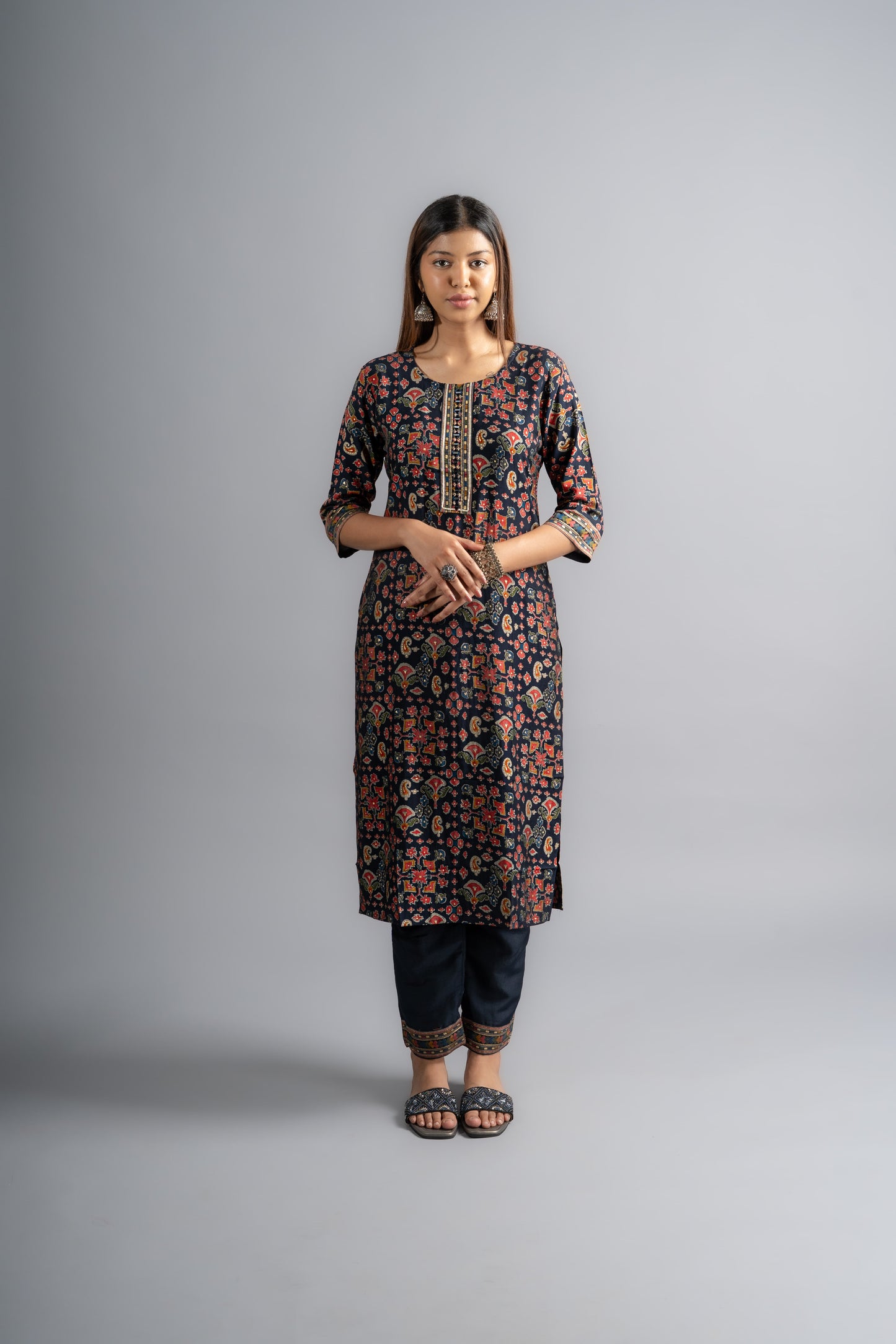 Navy Blue Silk Printed Kurta Pant With Dupatta (Set of 3)