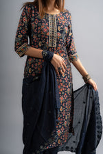 Navy Blue Silk Printed Kurta Pant With Dupatta (Set of 3)