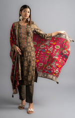 Henna Silk Brown Printed Kurta pants with Red Dupatta (Set of 3)