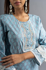 Blue Floral Printed Pure Cotton Kurta with Trousers & With Dupatta