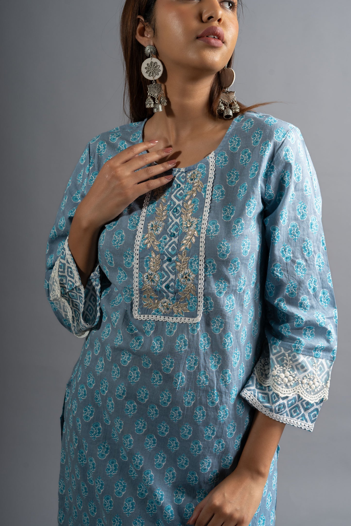 Blue Floral Printed Pure Cotton Kurta with Trousers & With Dupatta