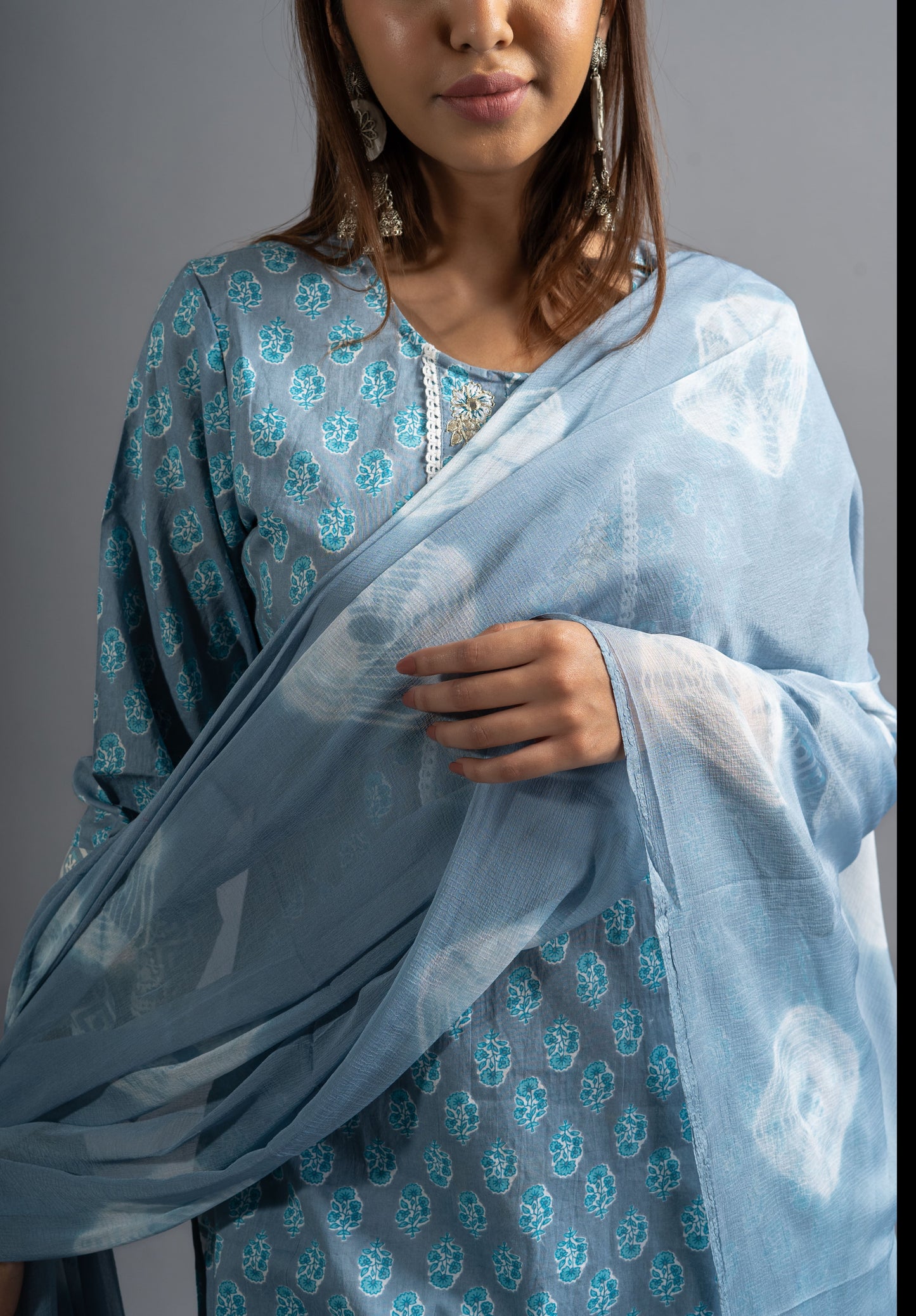 Blue Floral Printed Pure Cotton Kurta with Trousers & With Dupatta