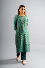 Silk Printed A-Line Kurta Pants -Rama Green (Set Of Two)