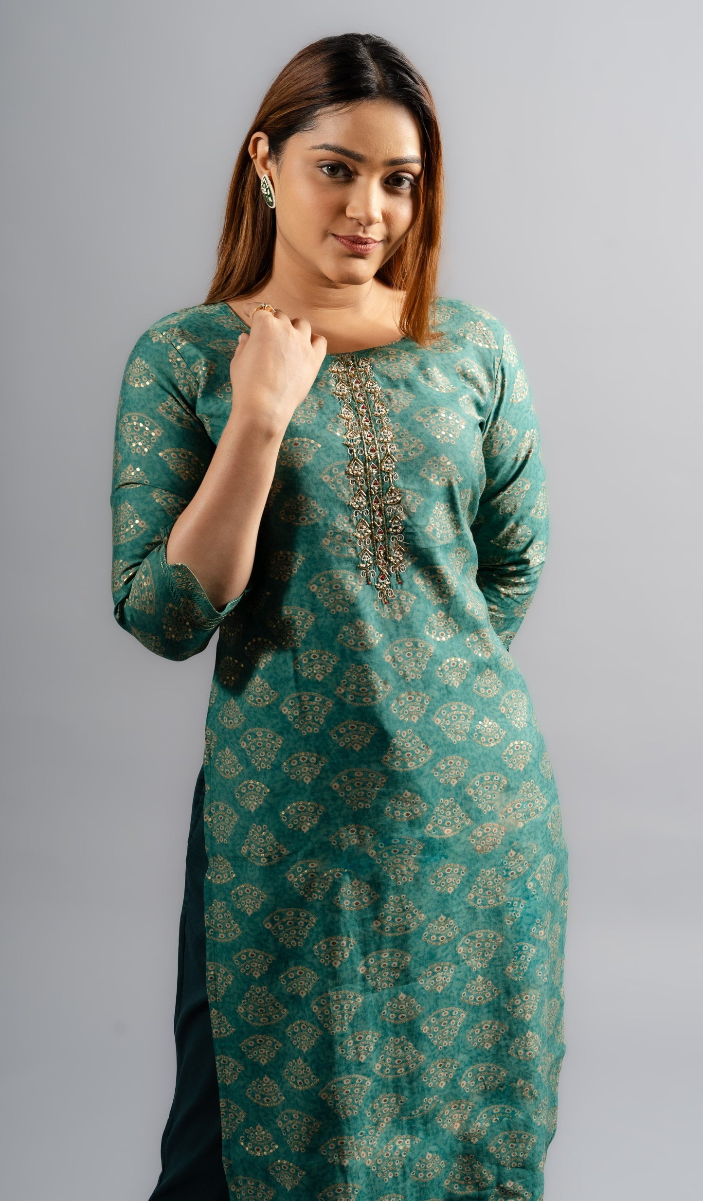 Silk Printed A-Line Kurta Pants -Rama Green (Set Of Two)