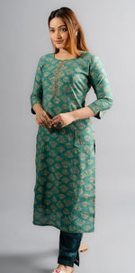 Silk Printed A-Line Kurta Pants -Rama Green (Set Of Two)