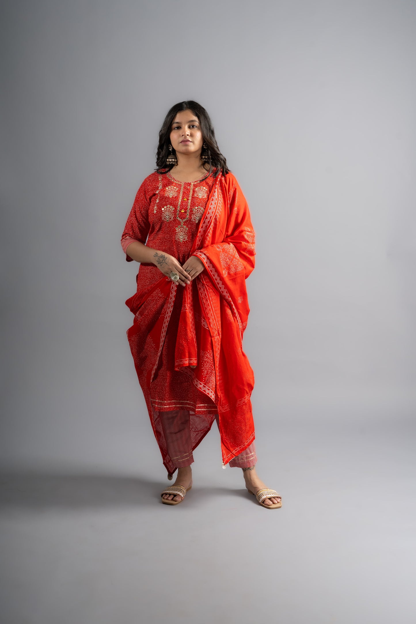 Tomato Red Cotton Printed Kurta pants with Dupatta (Set of 3)