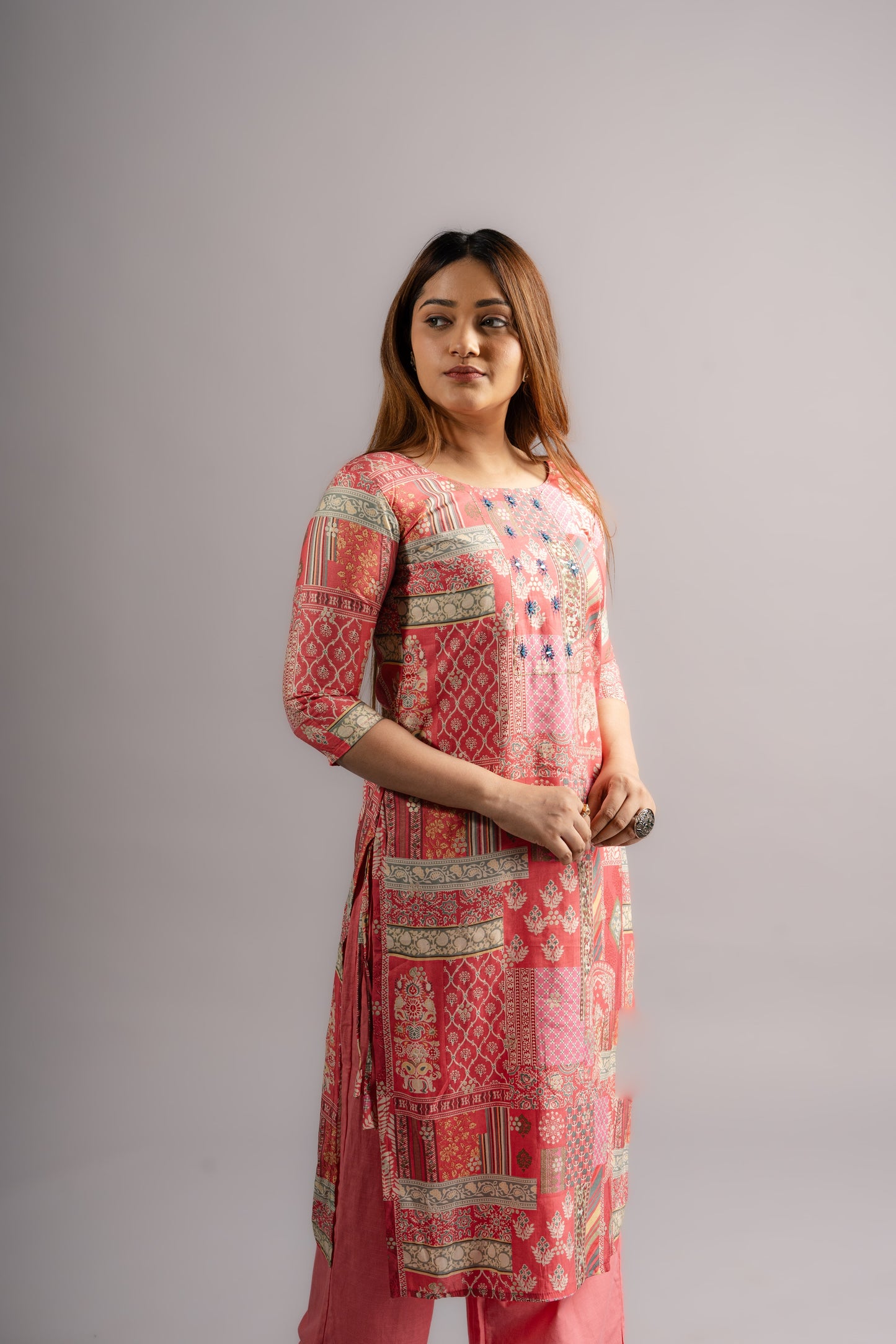 Cotton Printed A-Line Kurta -Pink