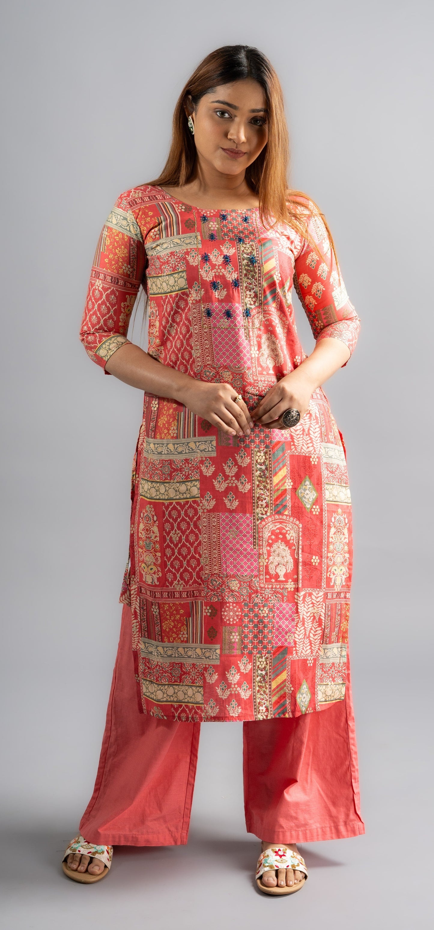 Cotton Printed A-Line Kurta -Pink