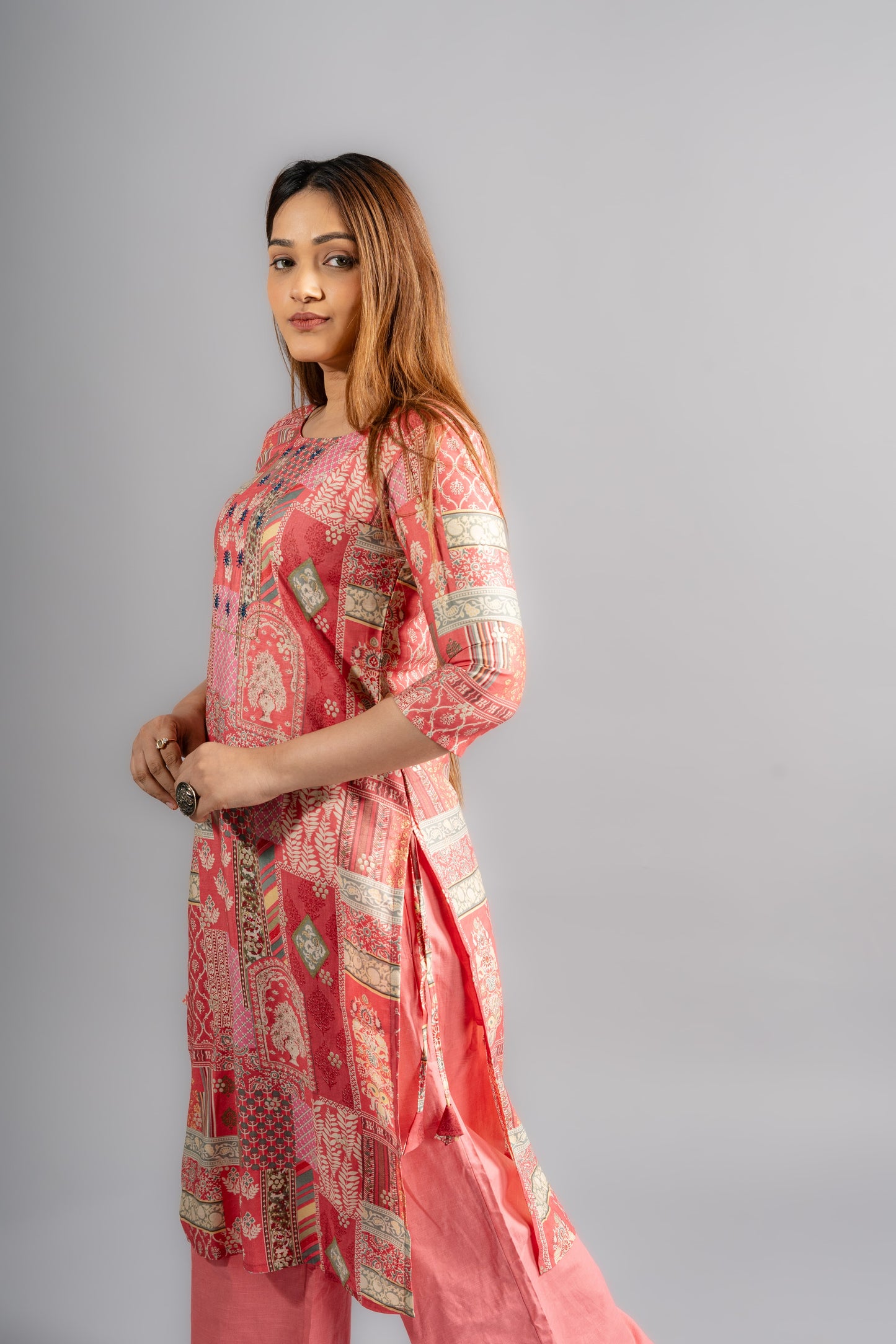 Cotton Printed A-Line Kurta -Pink