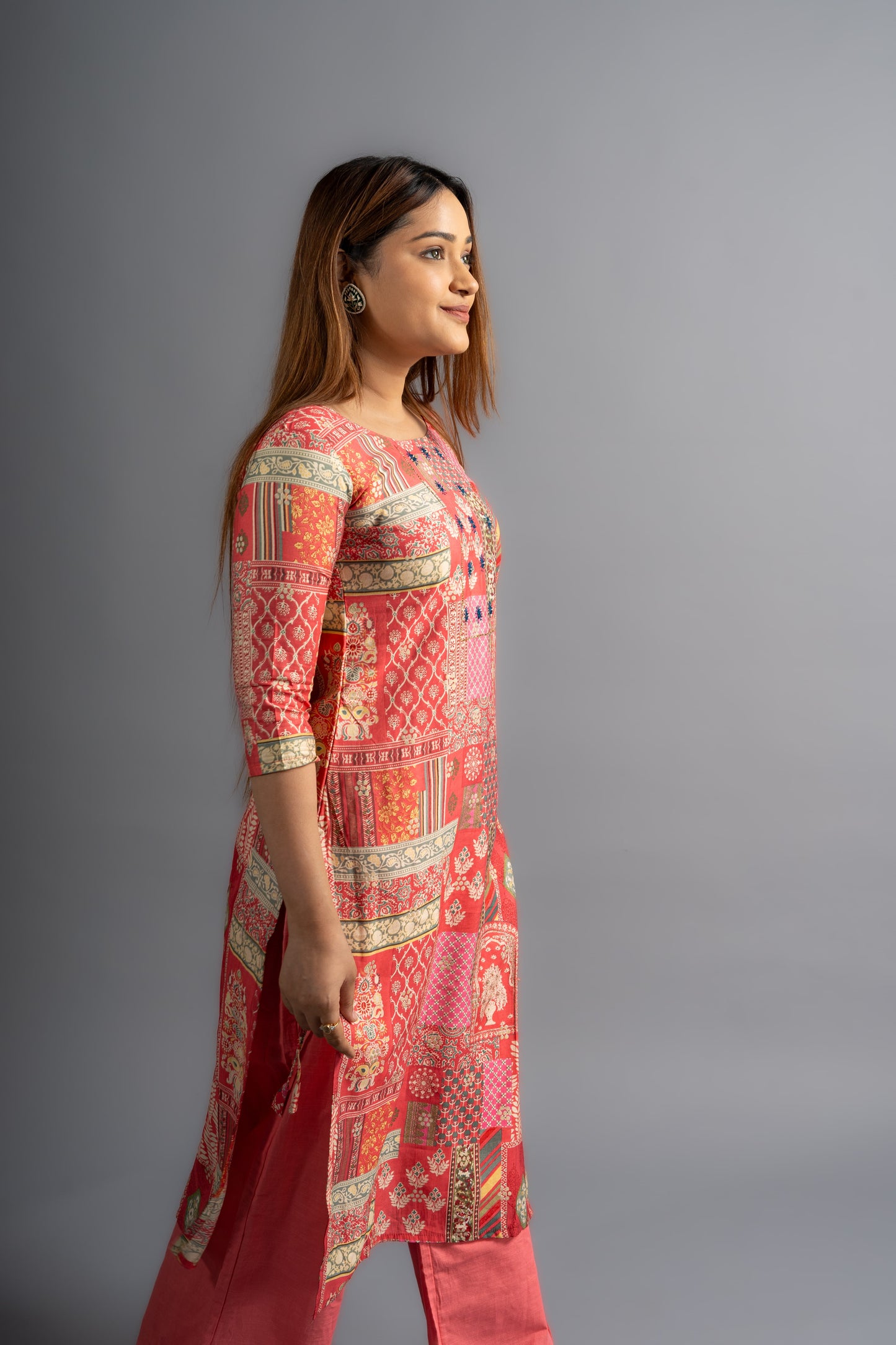 Cotton Printed A-Line Kurta -Pink