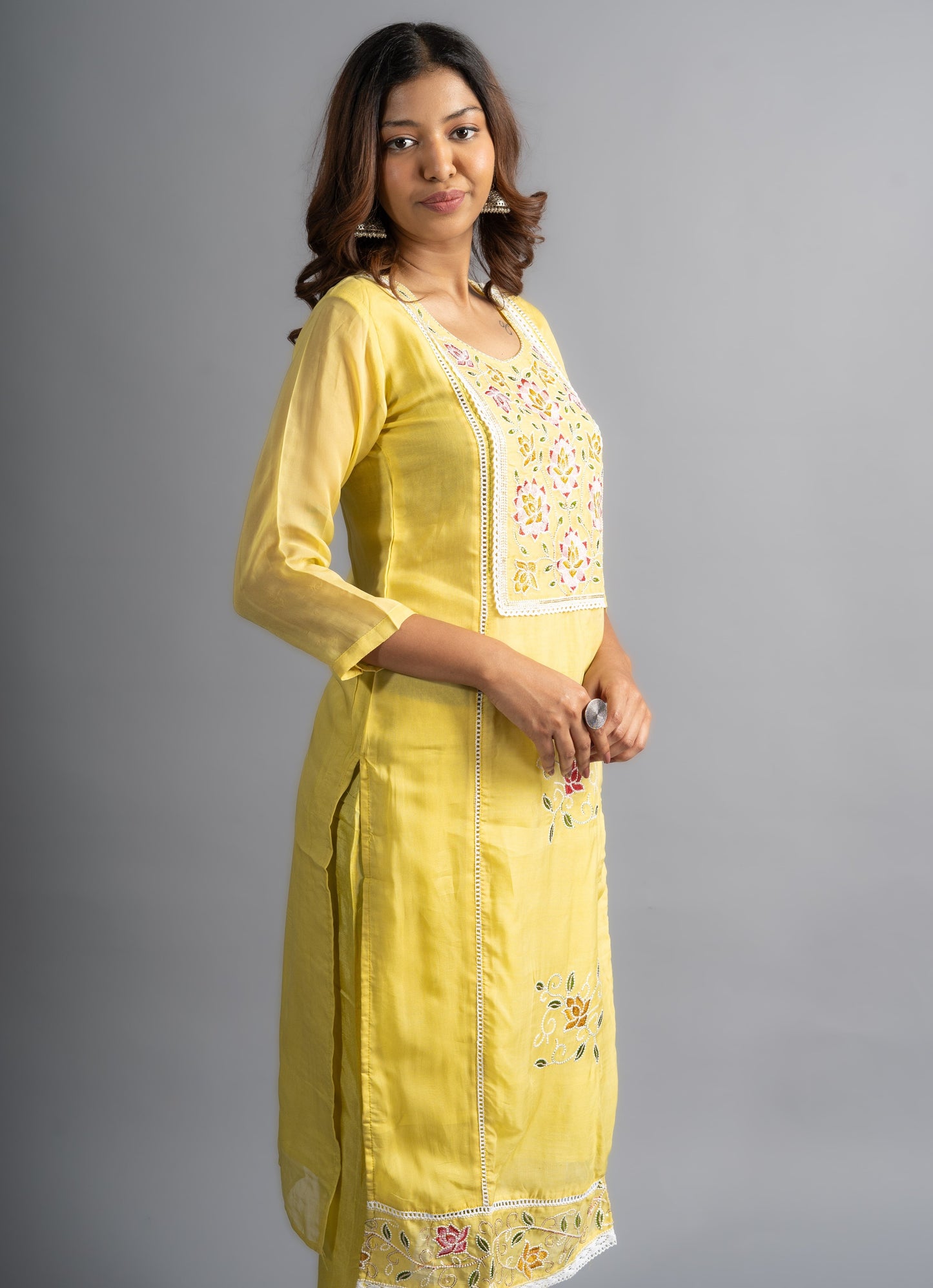 Parchment Yellow Embroidered Organza Silk Kurta set (Set of 3)