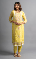 Parchment Yellow Embroidered Organza Silk Kurta set (Set of 3)