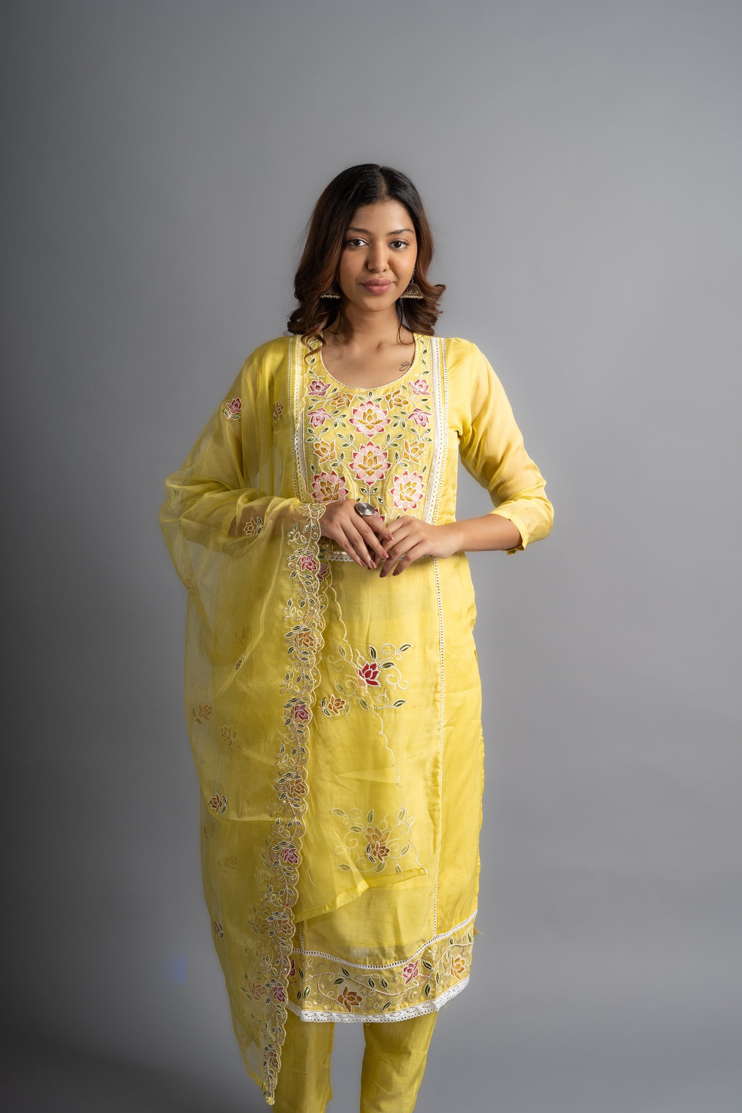 Parchment Yellow Embroidered Organza Silk Kurta set (Set of 3)