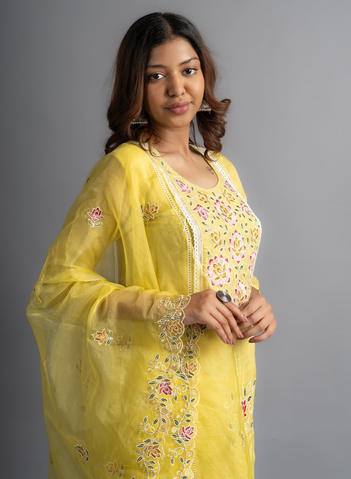 Parchment Yellow Embroidered Organza Silk Kurta set (Set of 3)