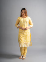 Yellow Embroidered Cotton Kurta Pants Set (Set of 3)