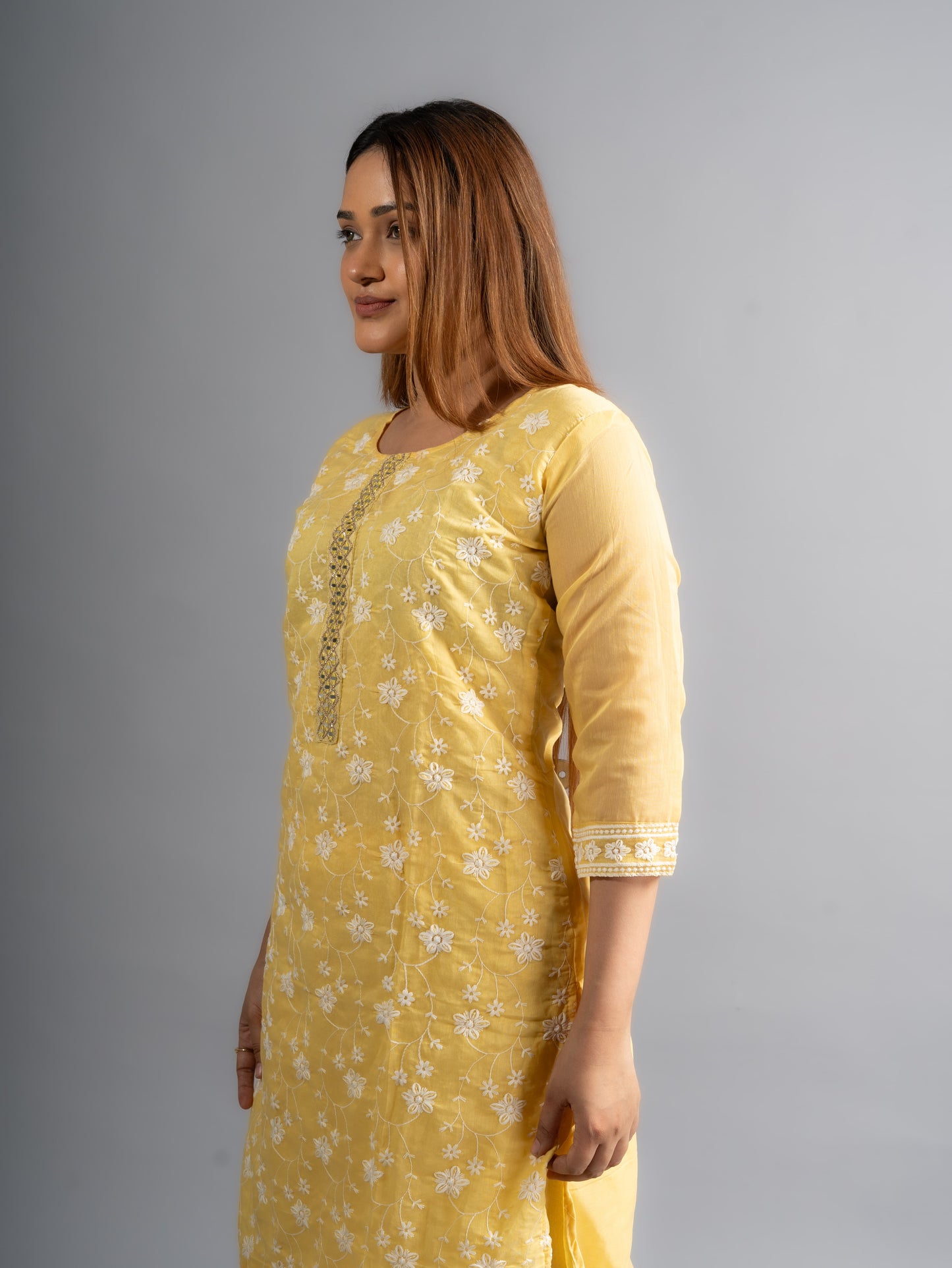 Yellow Embroidered Cotton Kurta Pants Set (Set of 3)