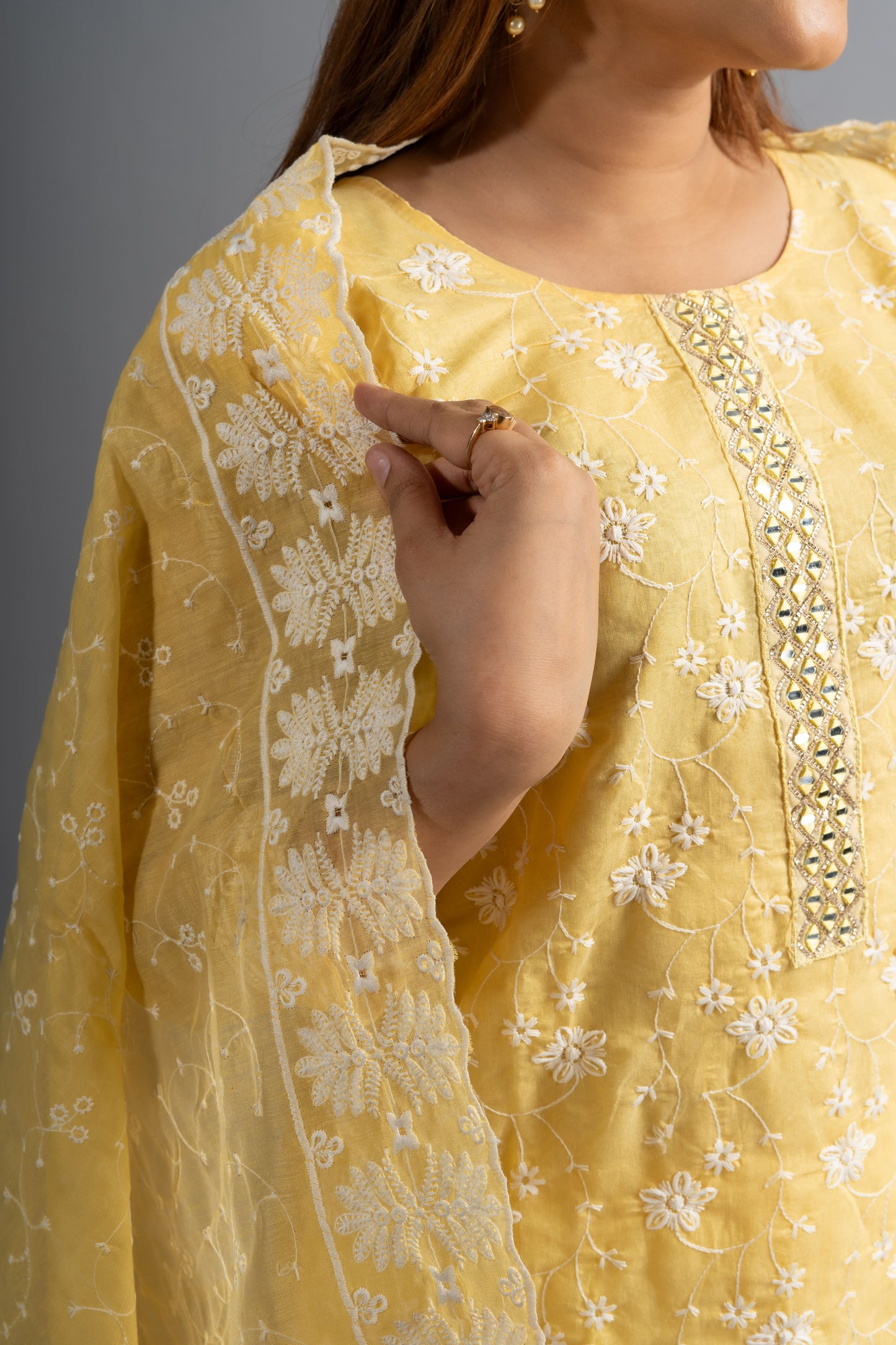 Yellow Embroidered Cotton Kurta Pants Set (Set of 3)