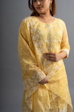 Yellow Embroidered Cotton Kurta Pants Set (Set of 3)