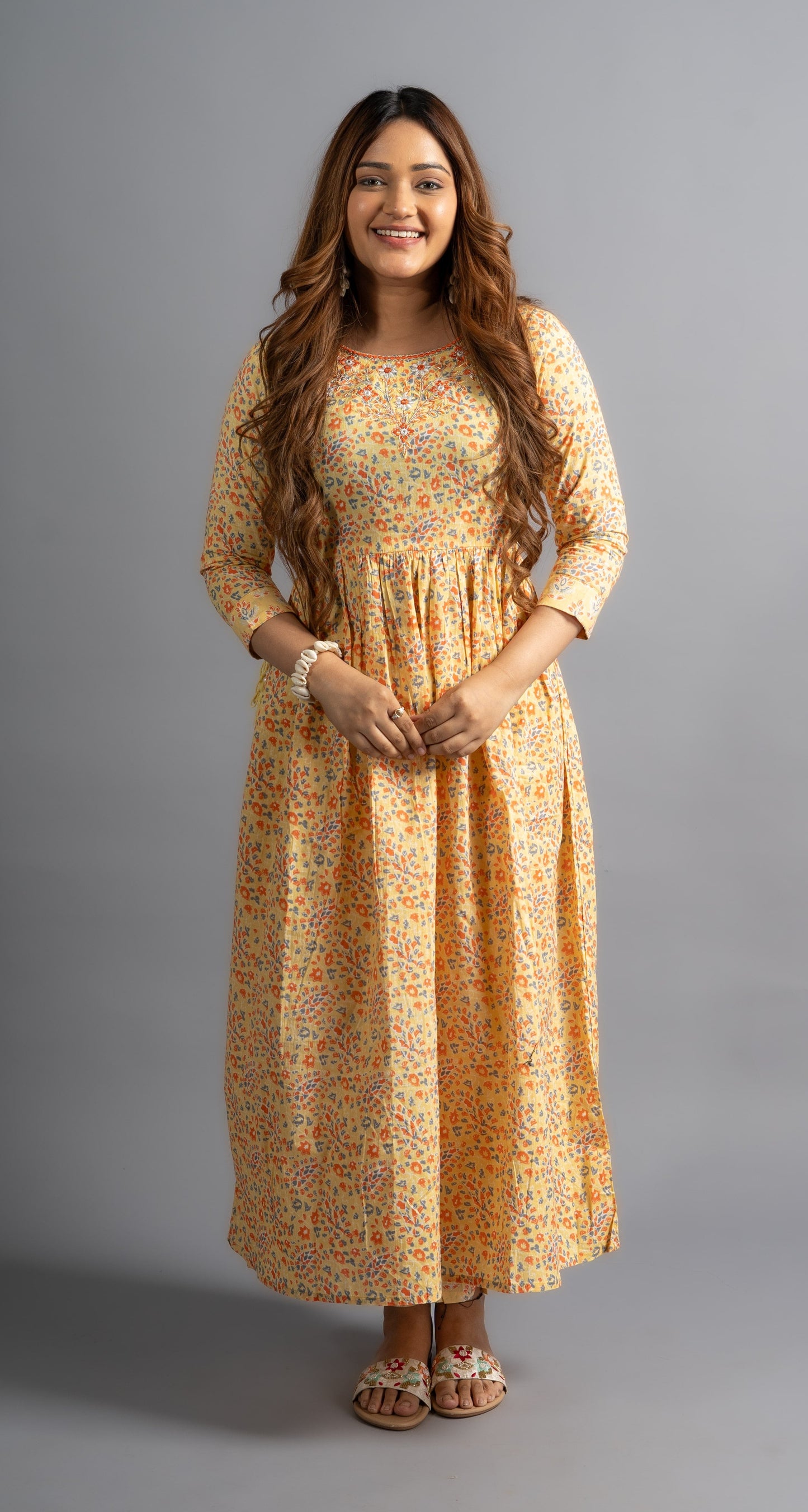 Floral Printed & Embroidered Flared Kurta with Pants & Dupatta - Yellow (Set of 2)