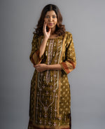 Henna Green  Embroidered Cotton kurta pants with Dupatta (Set of 3)