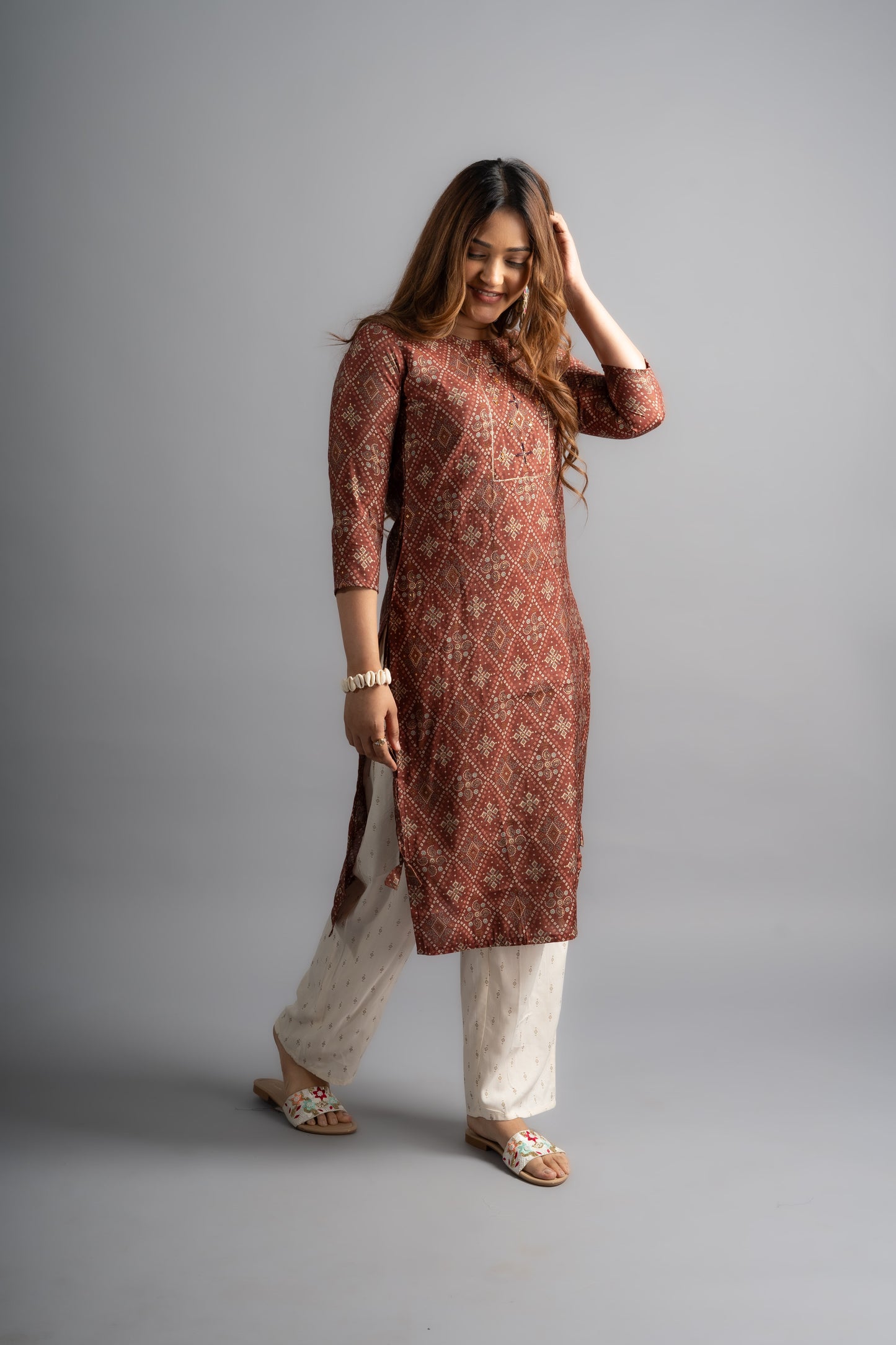 Cotton Printed A-Line  Bandhani Kurta - Chocolate Brown