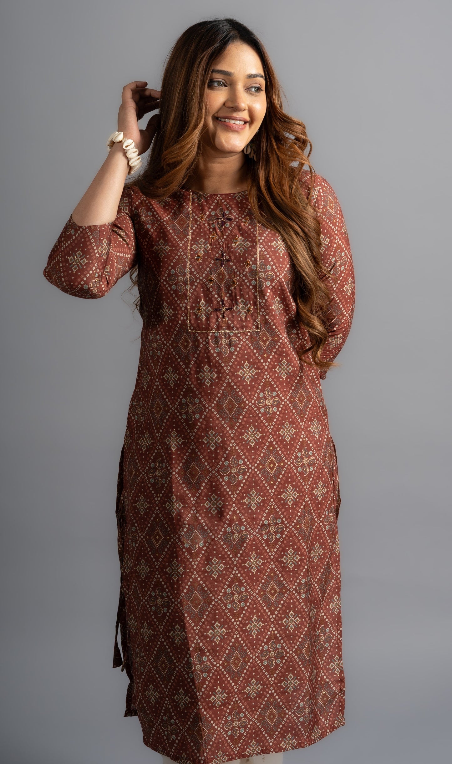 Cotton Printed A-Line  Bandhani Kurta - Chocolate Brown