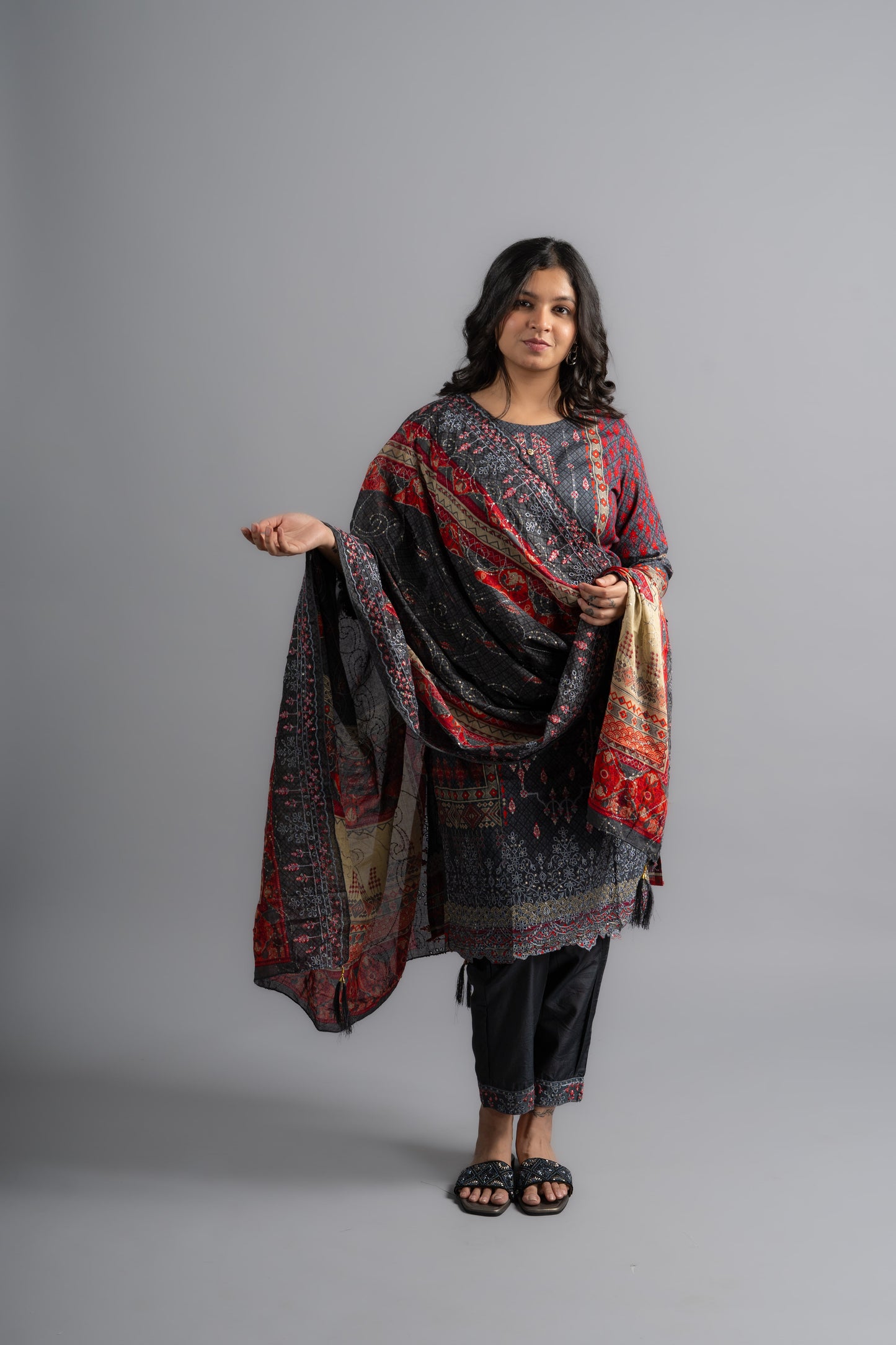 Dark Grey Cotton Embroidered Kurta pants with Dupatta (Set of 3)