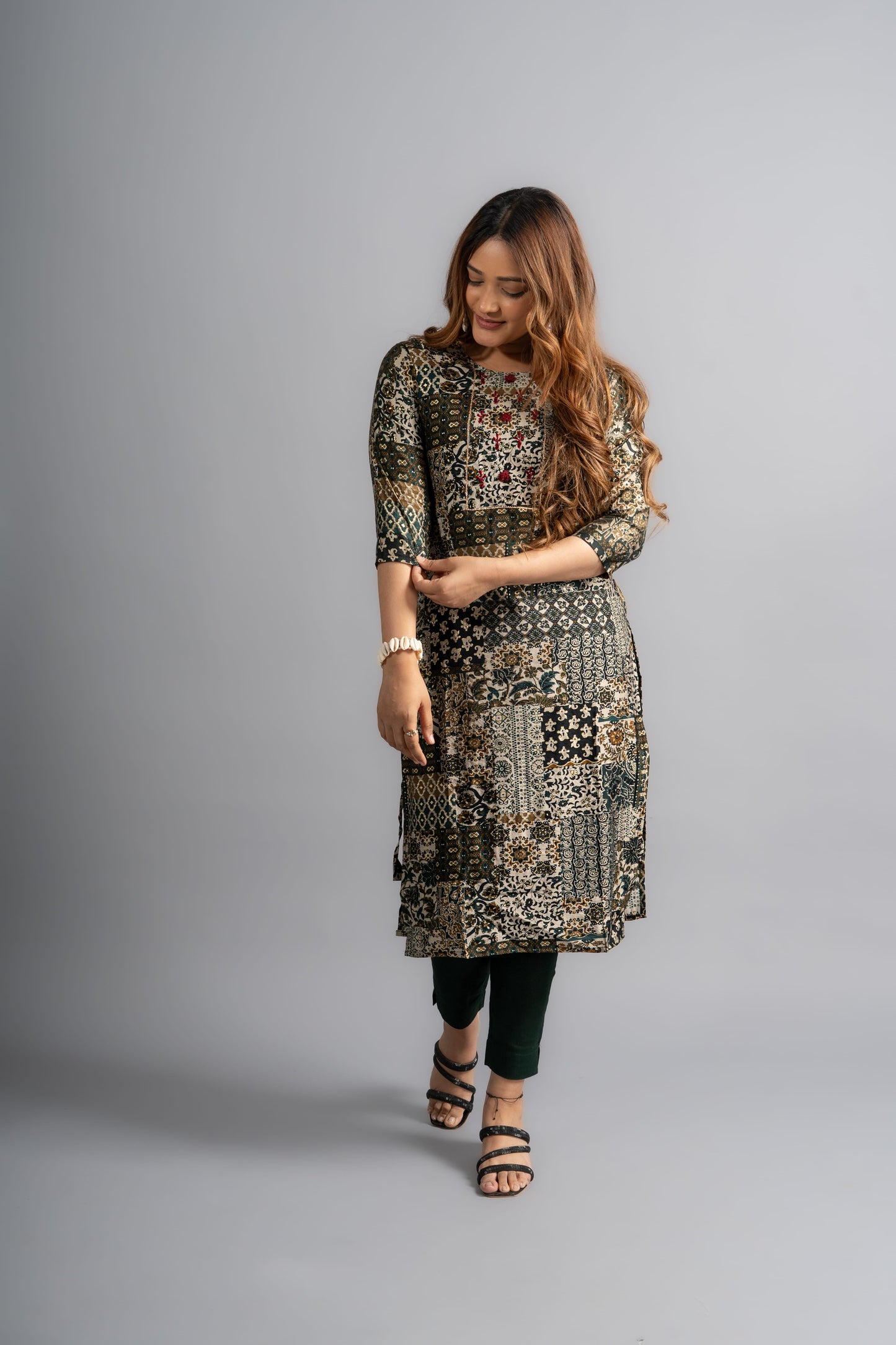 Cotton Printed A-Line Kurta - Bottle Green