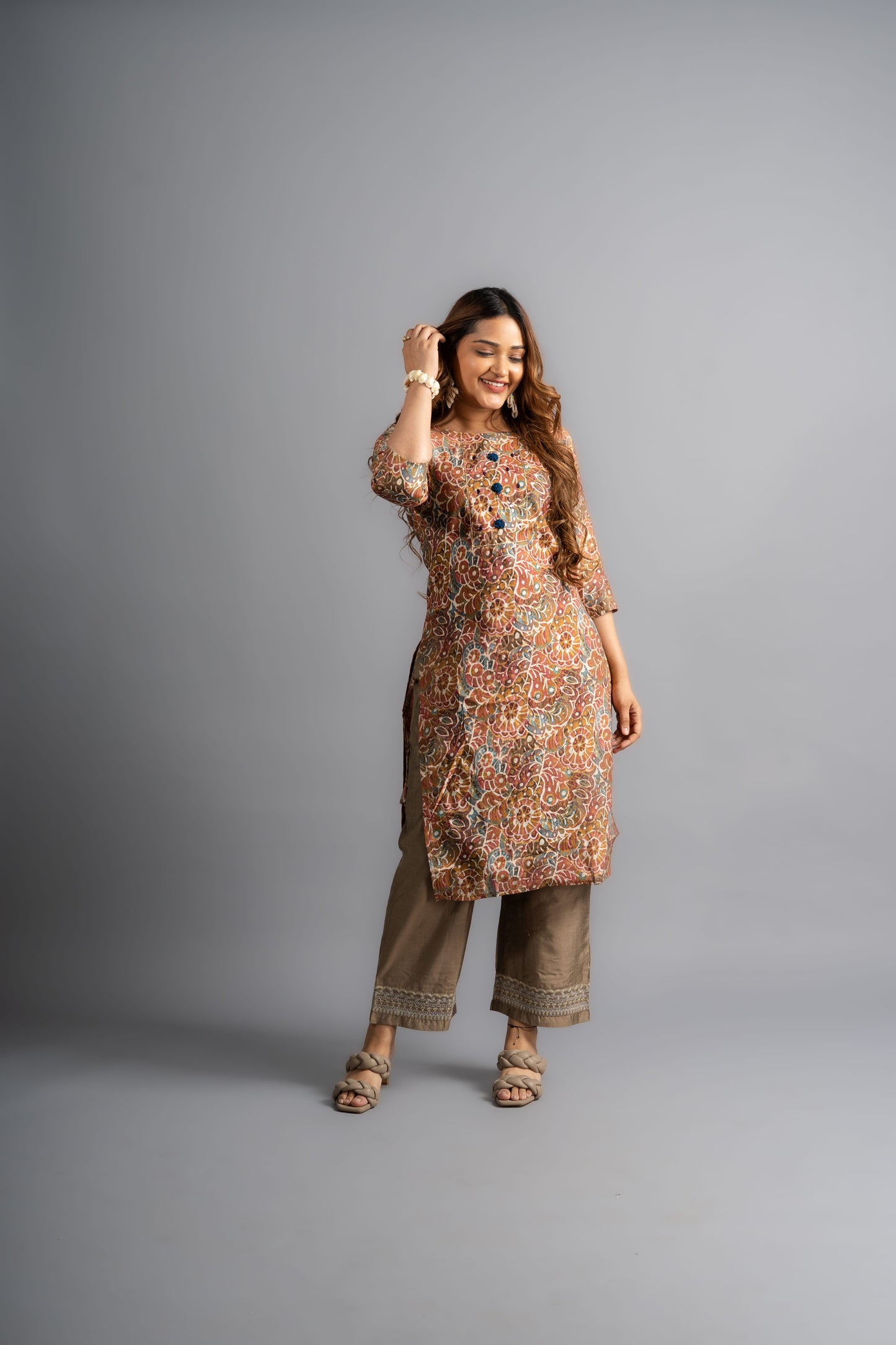 Cotton Printed A-Line Kurta -Olive Brown