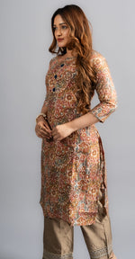 Cotton Printed A-Line Kurta -Olive Brown