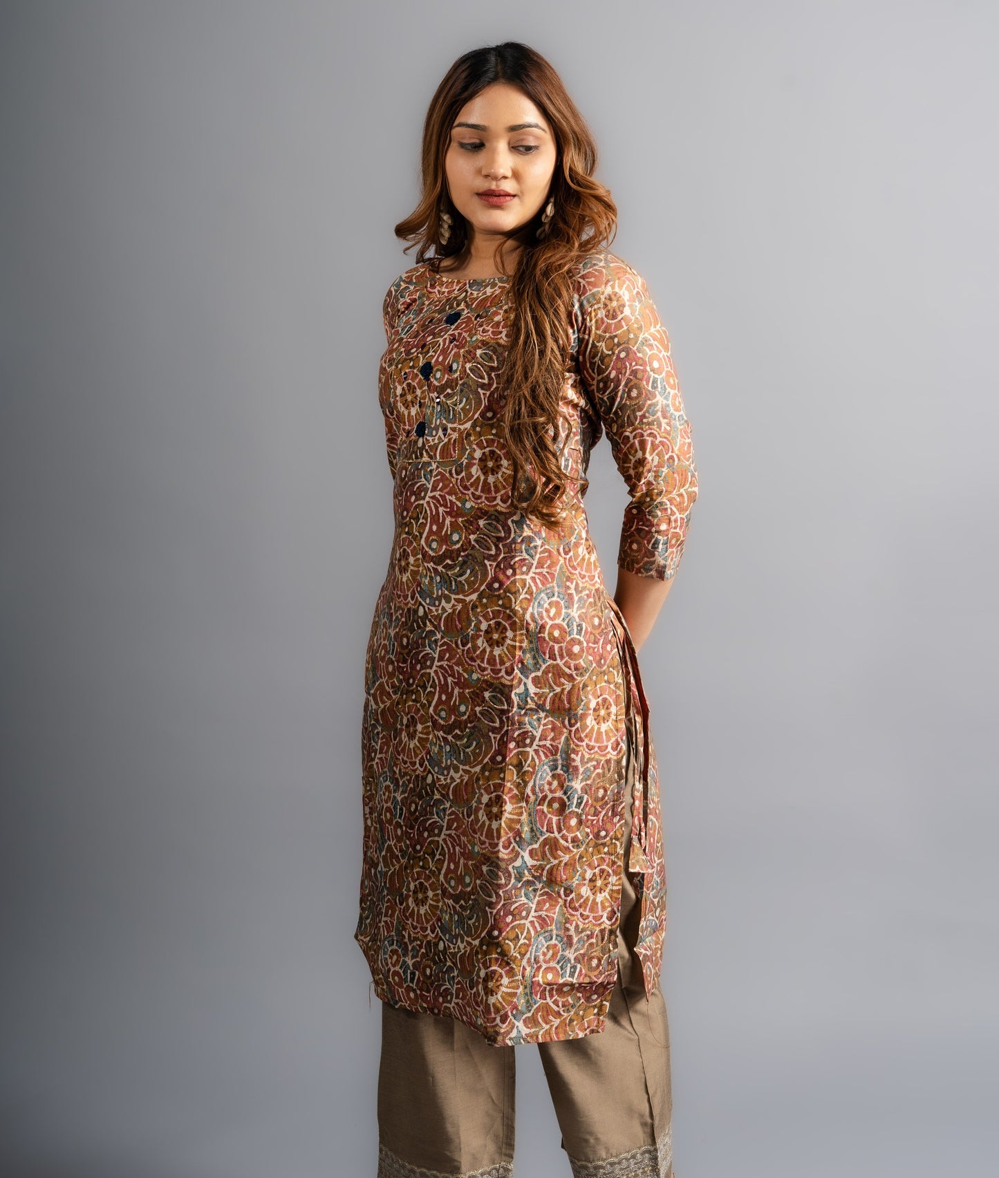 Cotton Printed A-Line Kurta -Olive Brown