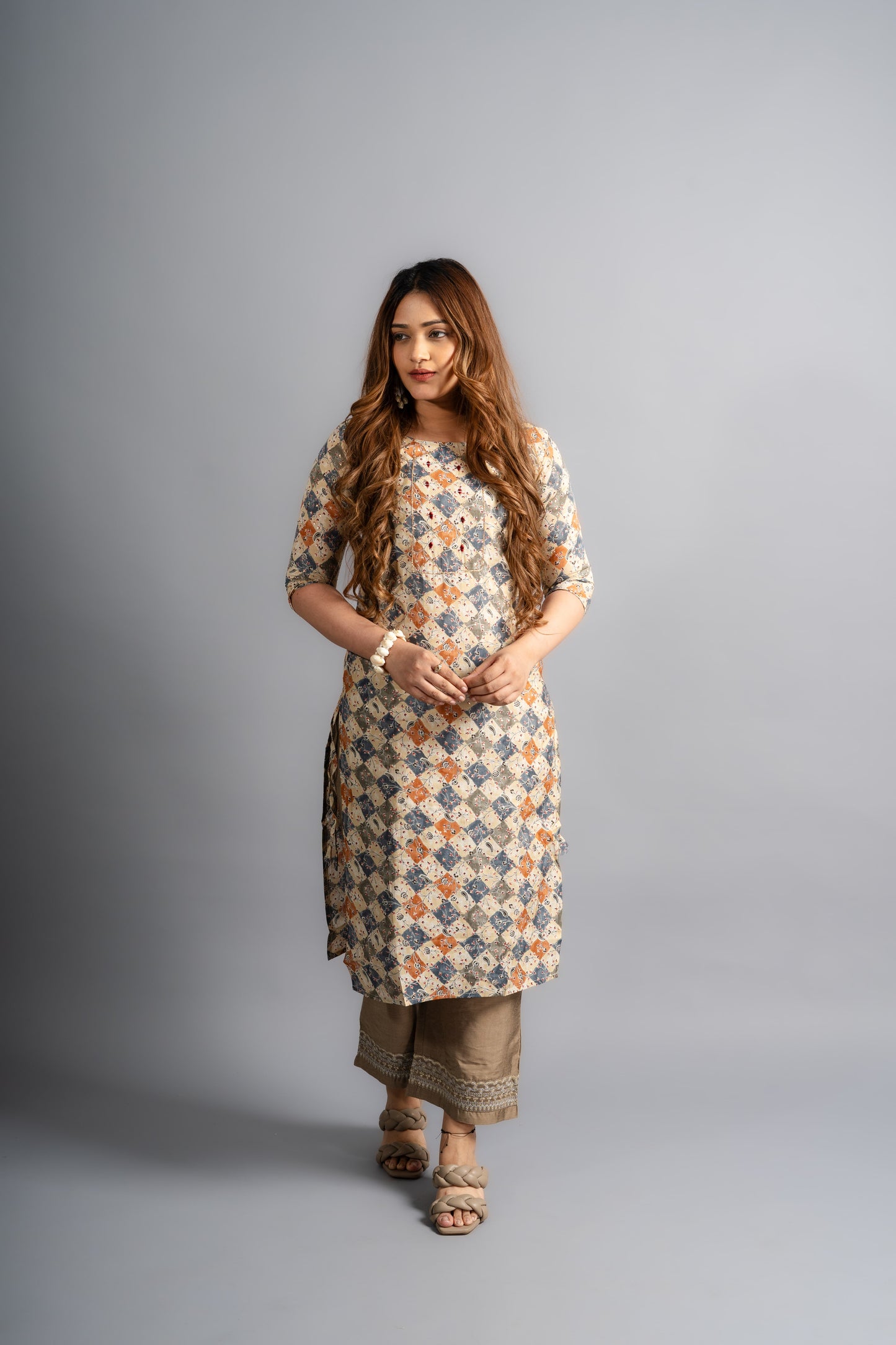 Cotton Printed A-Line Kurta - Biege White