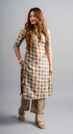 Cotton Printed A-Line Kurta - Biege White