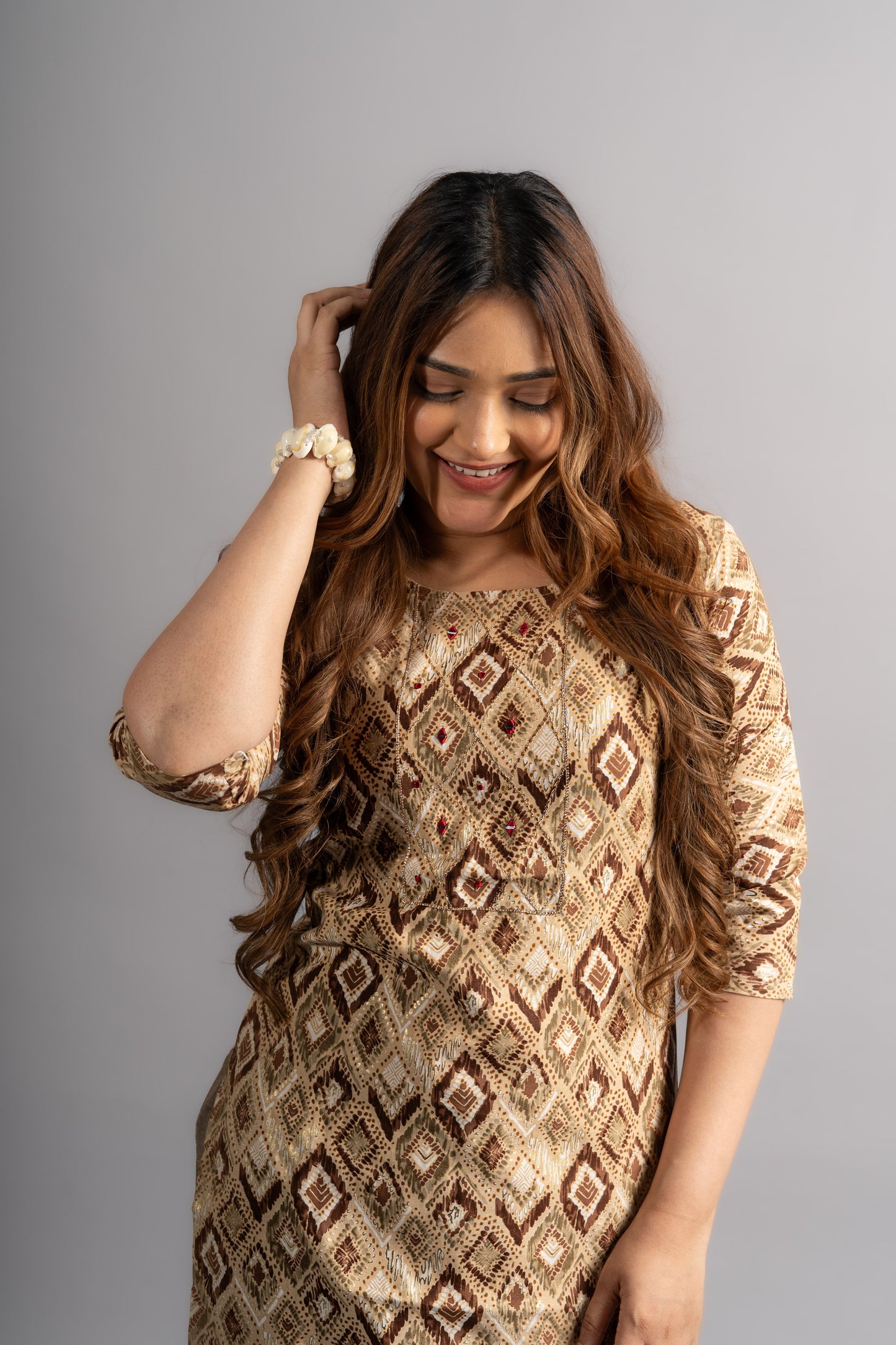 Cotton Printed A-Line Kurta - Golden Beige Brown