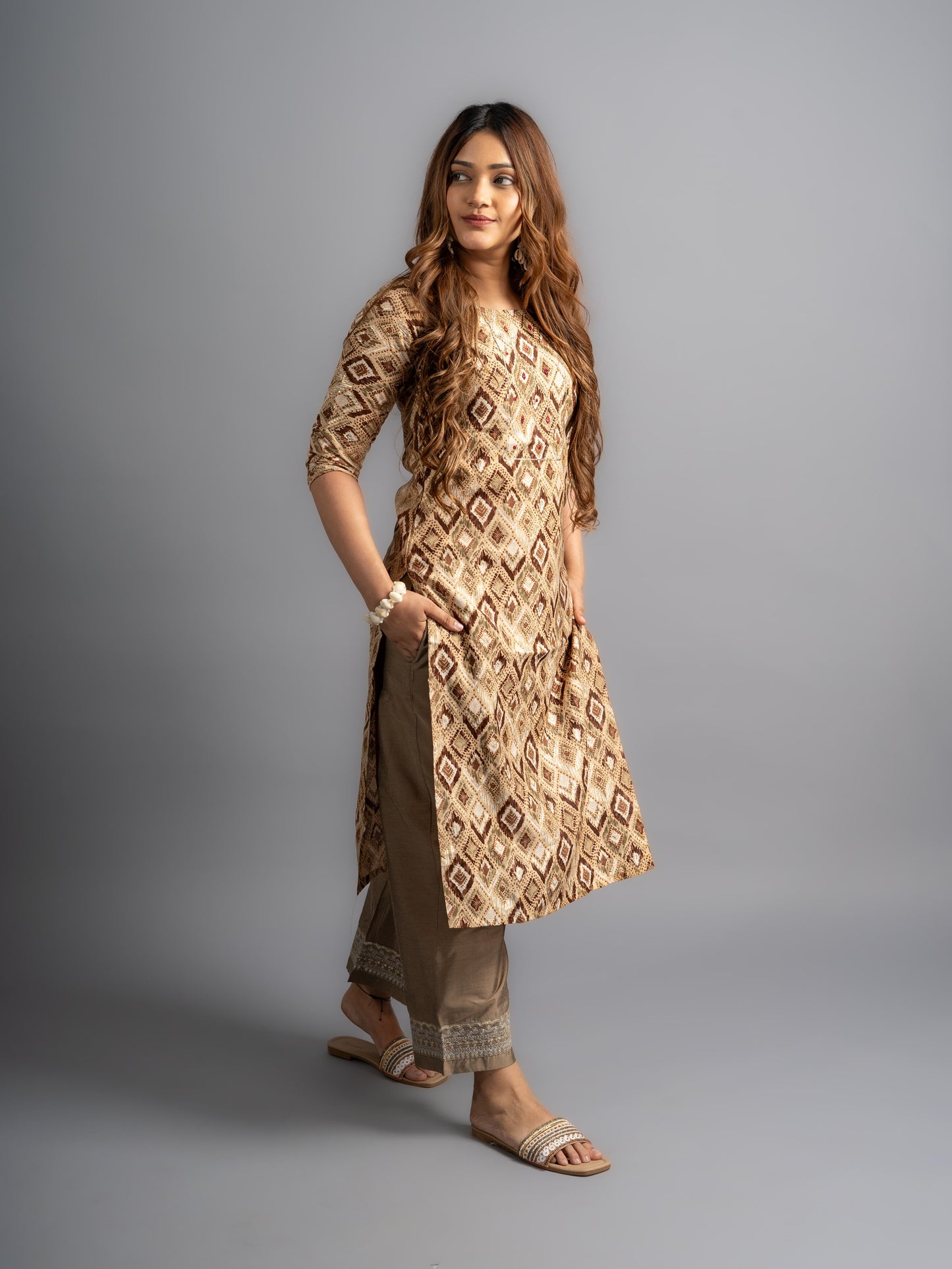 Cotton Printed A-Line Kurta - Golden Beige Brown