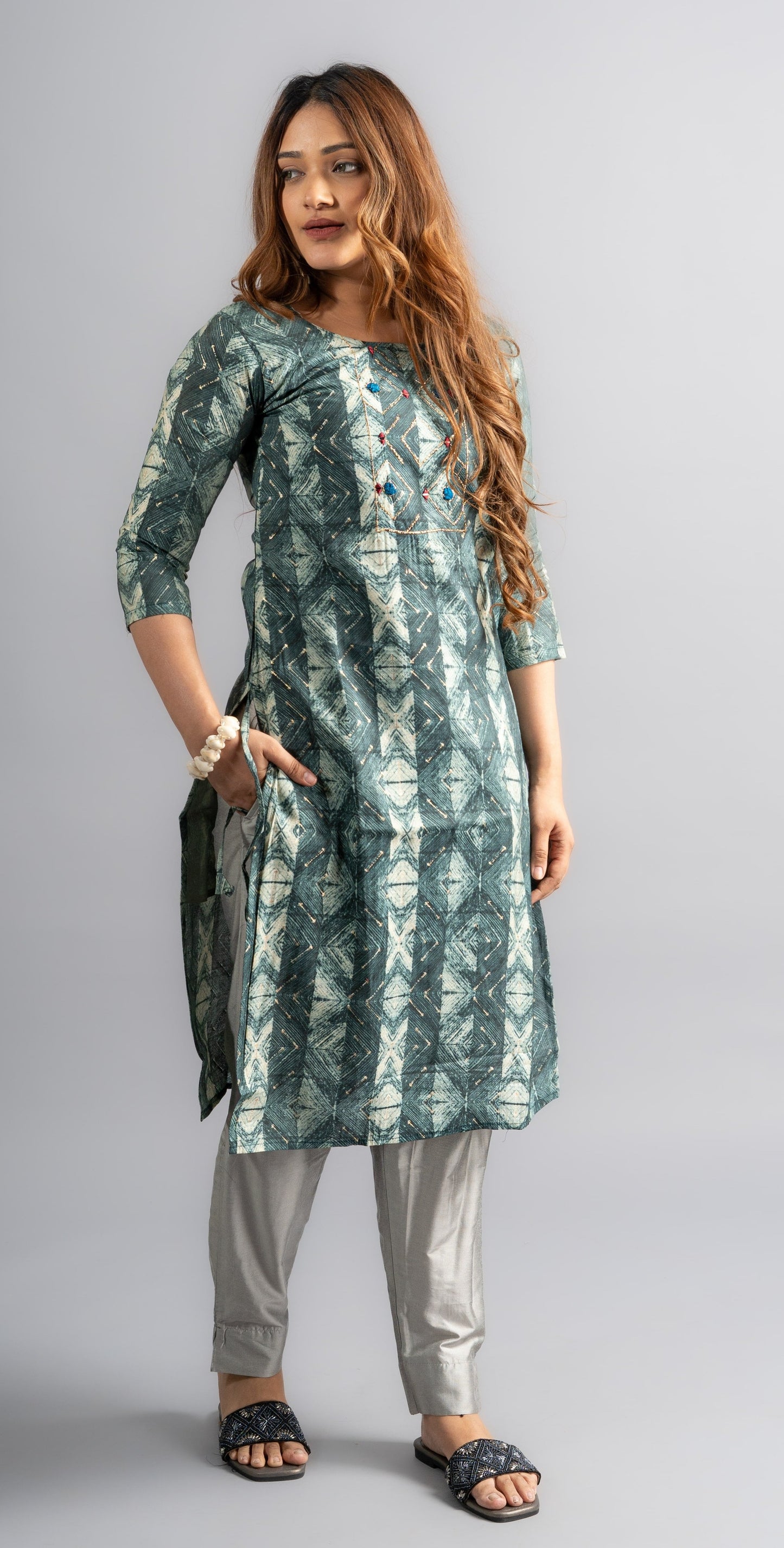 Rama Green Cotton Printed Kurta