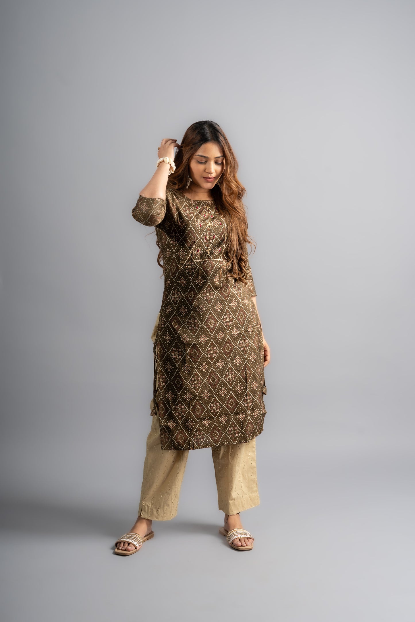 Cotton Printed A-Line Kurta - Henna Green