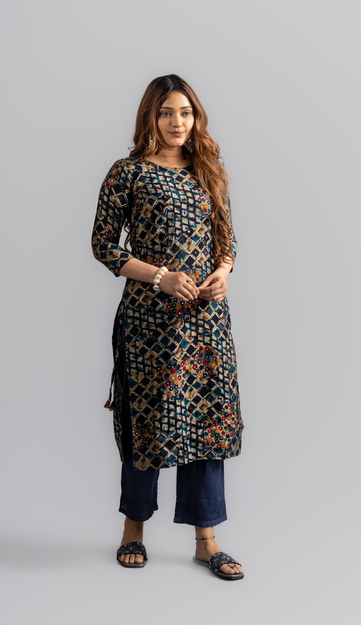 Cotton Printed A-Line Kurta - Navy Blue