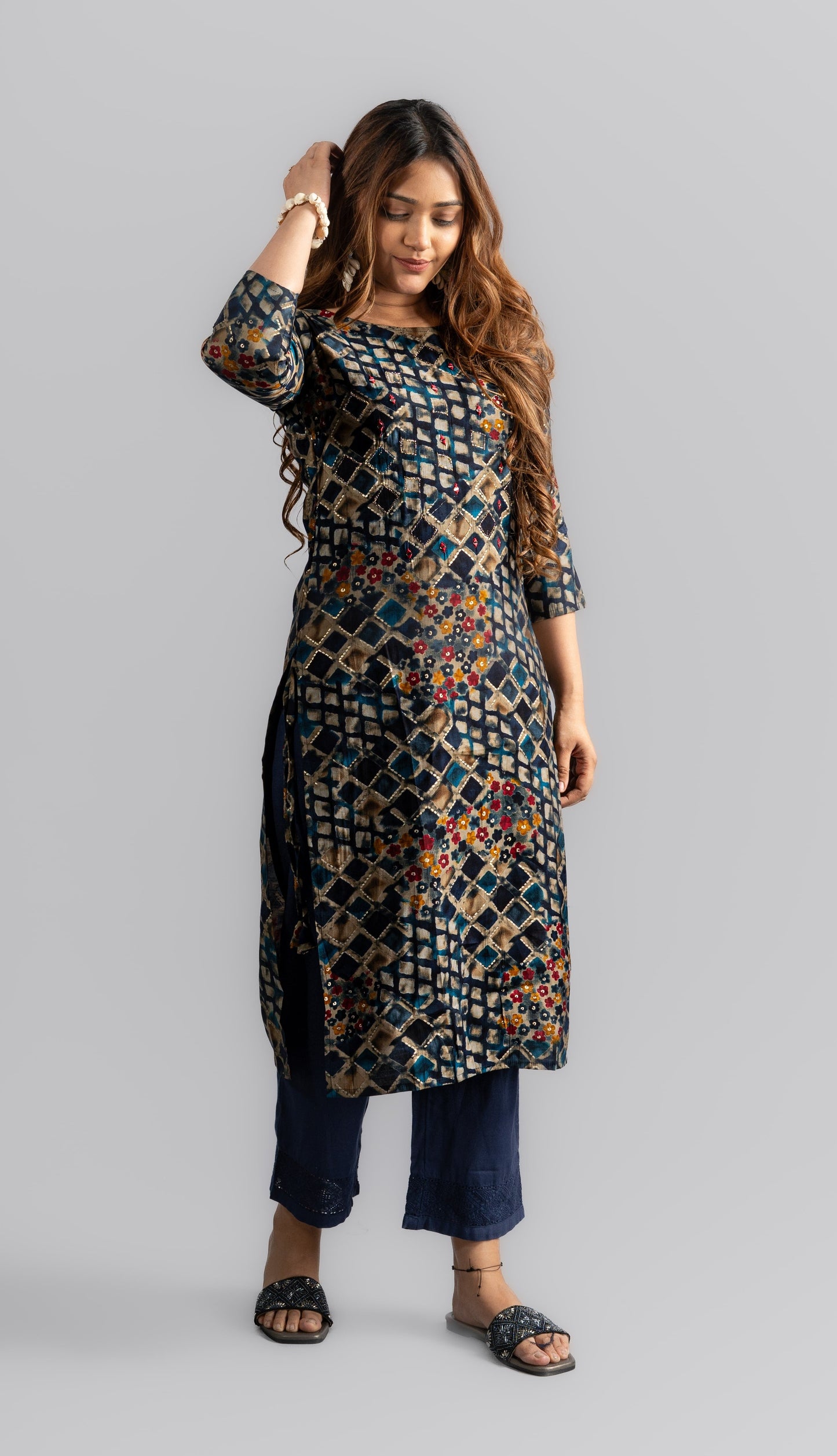 Cotton Printed A-Line Kurta - Navy Blue