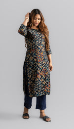 Cotton Printed A-Line Kurta - Navy Blue