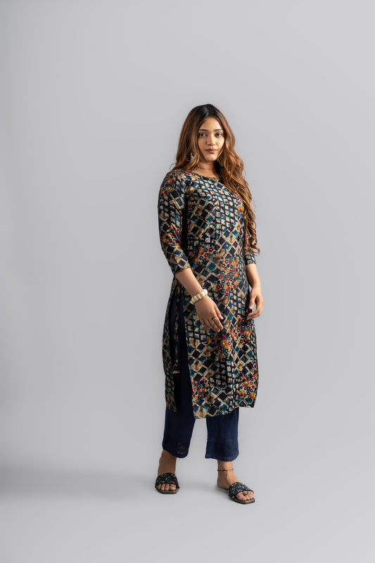 Cotton Printed A-Line Kurta - Navy Blue