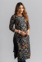 Cotton Printed A-Line Kurta - Navy Blue